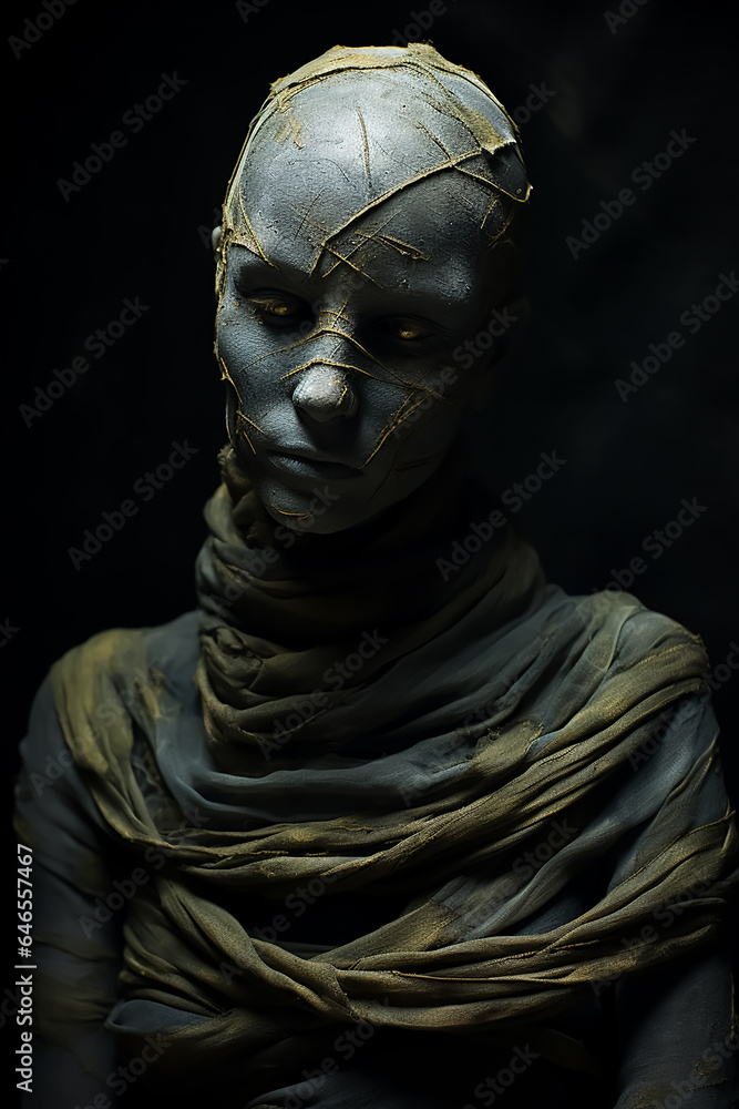 horror witch, fashion girl in dusty fabrics hood, mummy style horror witch, fashion girl in dusty fabrics hood, mummy style