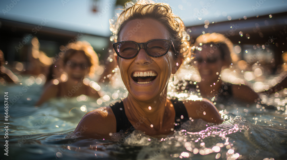 Aktive lebensfrohe Seniorinnen beim Aqua-Fitness im Pool: Freude und Kameradschaft symbolisieren einen gesunden, aktiven Ruhestand