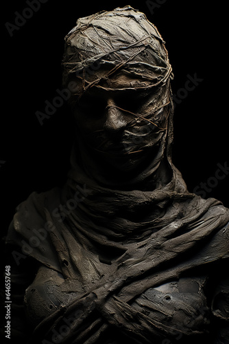 horror witch, fashion girl in dusty fabrics hood, mummy style