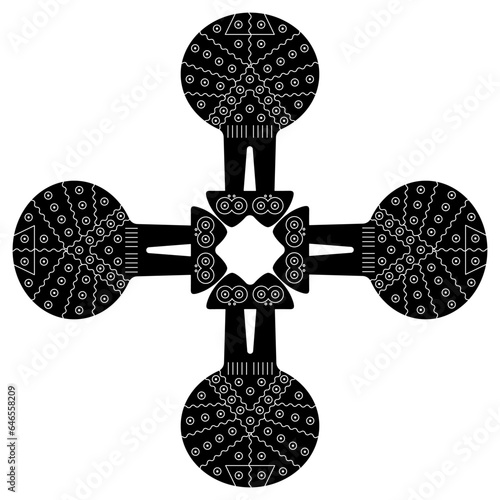 Square ethnic cross design with twin idols from ancient Anatolia. Black and white negative silhouette.