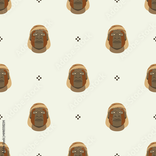 Seamless ethnic pattern with heads of Moche men. Native American art of ancient Peru. Indigenous male portrait. On white background.