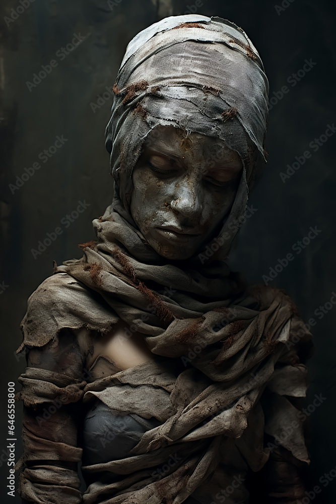 horror witch, fashion girl in dusty fabrics hood, mummy style