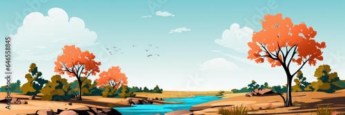 A cartoon landscape with trees and a river, AI