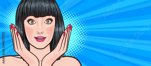surprise short hair woman OMG looking wow covered mouth or hands up In Retro Vintage Pop Art Comic Style