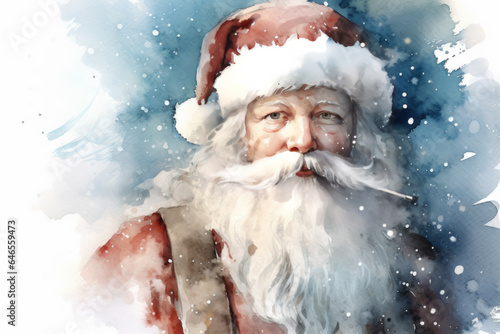Santa Claus watercolor, portrait, Christmas, hat, winter. Watercolor Santa Claus illustration