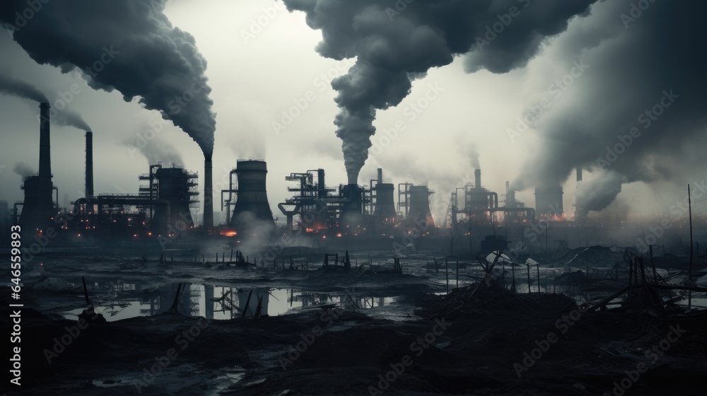 Polluting factory background with lots of black smoke chimneys, production emissions, nature pollution theme. Generative AI