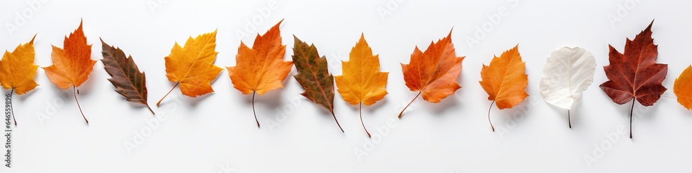Autumn season minimal concept. Frame made of fallen yellow and orange leaves isolated on white background. Flat lay, top view. Banner with copy space