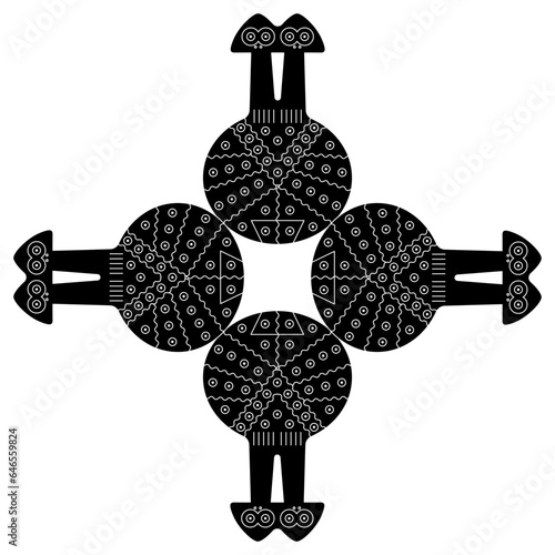 Square ethnic cross design with twin idols from ancient Anatolia. Black and white negative silhouette.