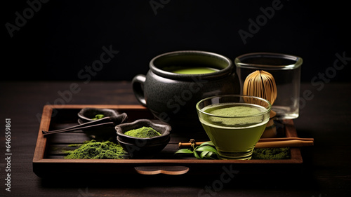 green tea set with teapot and cup of tea on wooden background