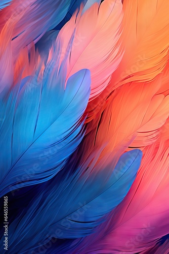 Beautiful multicolour feathers background in bright pink and blue neon colors. Closeup image of colorful fluffy feather. Minimal abstract composition with place for text. Copy space