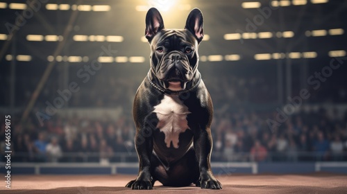 Pedigreed purebred French bulldog dog at exhibition of purebred dogs. Black color. Dog show. Animal exhibition. Competition for the most purebred dog. Winner, first place. Advertising, banner poster