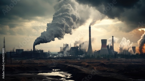 Polluting factory background with lots of black smoke chimneys  production emissions  nature pollution theme. Generative AI