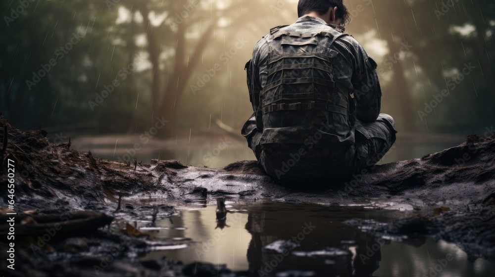 Man military soldier in uniform sits with his back in the forest near a puddle. Raining. Emotions of pain, sadness, depression, stress, loss. PTSD. Psychological disorder, problems Rehabilitation - obrazy, fototapety, plakaty 