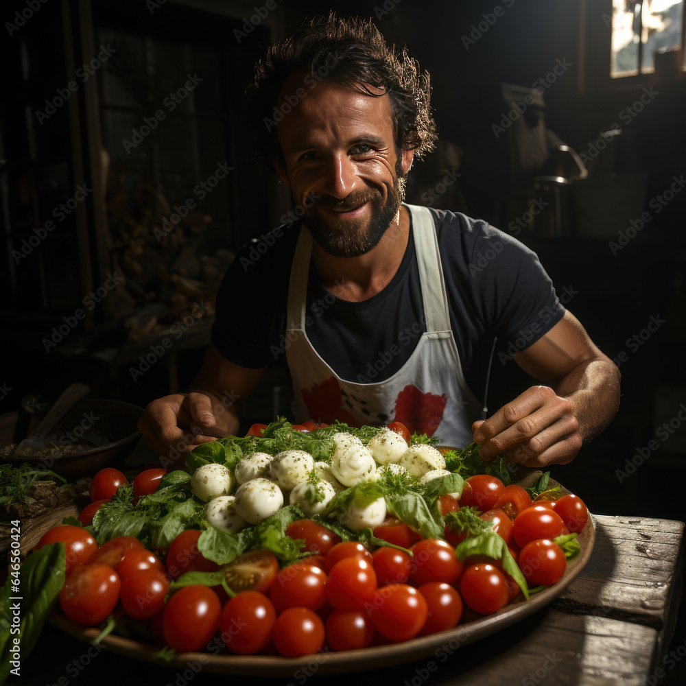 Happy smiling middle age bearded man chef in apron stands with big plate full of vegetables, salad, meal, tomatoes, herbs Happy smiling middle age bearded man chef in apron stands with big plate full of vegetables, salad, meal, tomatoes, herbs