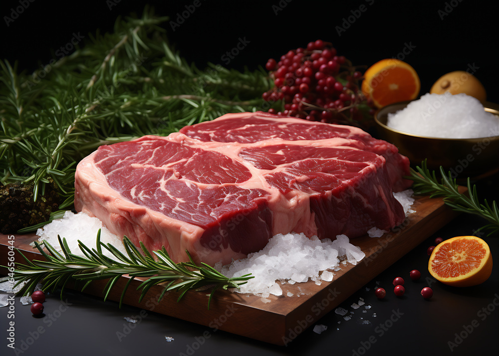 Fresh raw beef steak with rosemary, salt and oranges on a black background. AI Generative