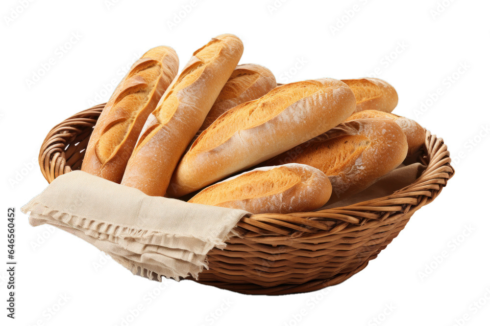 Picnic food in a wicker basket. Bread isolated object, transparent background