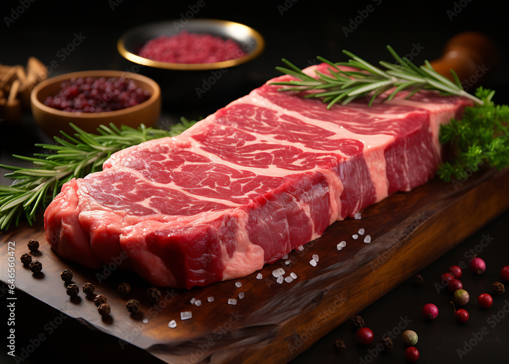 Raw beef steak with herbs and spices on wooden board, closeup. AI Generative