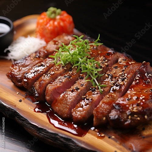 Japanese food, teriyaki chicken with sesame on a black background. AI Generative
