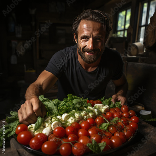 Happy smiling middle age bearded man farmer with big plate full of vegetables, salad, meal, tomatoes, herbs