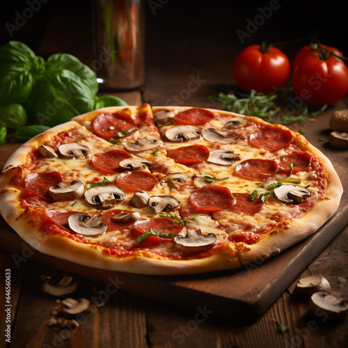 Pizza with salami, mushrooms and cheese on a dark wooden background. AI Generative