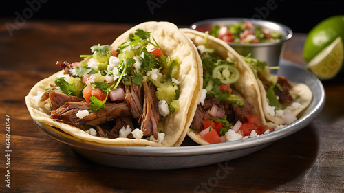Mexican tacos with beef and vegetables on a wooden table, closeup. AI Generative