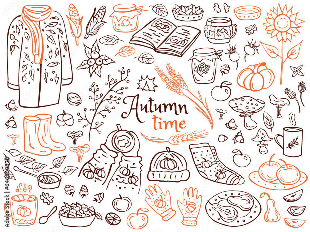Autumn time card - leaves, mushrooms, autumn clothes, hot drink, jam, apples. Vector illustration. Perfect for autumn menu, coloring book, greeting card, print. Autumn time card - leaves, mushrooms, autumn clothes, hot drink, jam, apples. Vector illustration. Perfect for autumn menu, coloring book, greeting card, print.