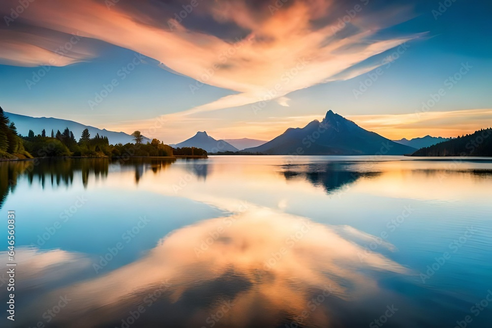 A serene lakeside scene, with crystal-clear waters reflecting a cloud-filled sky,