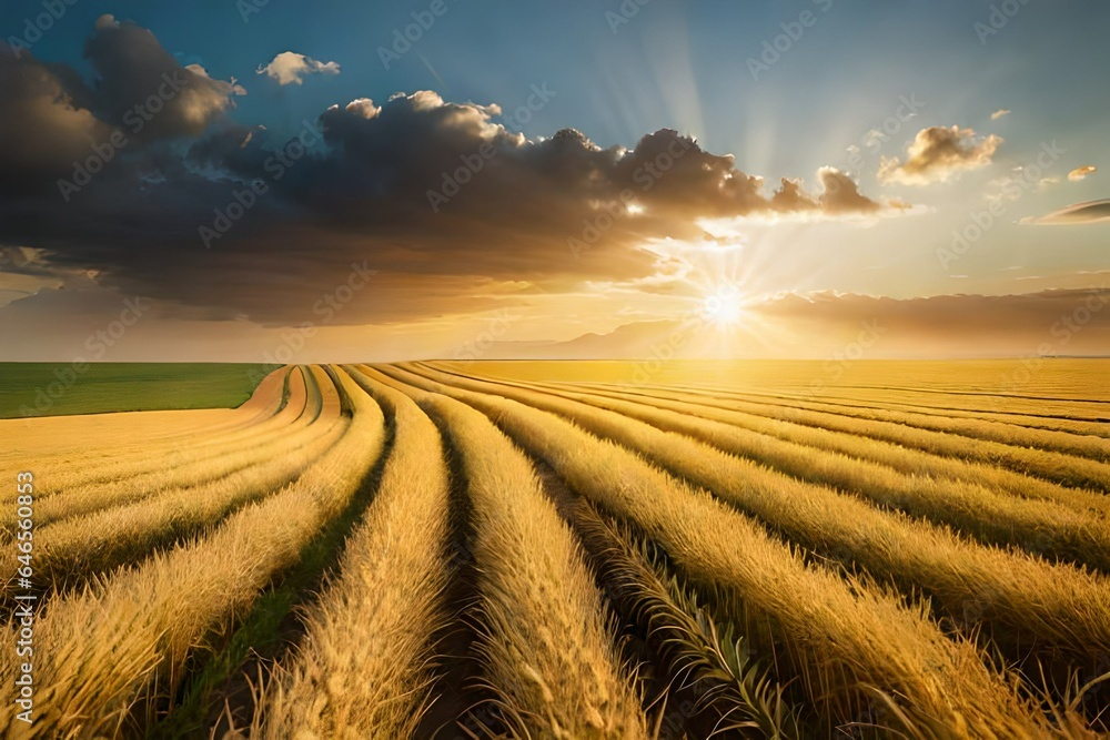 A field of golden wheat swaying in the breeze beneath a blue sky,