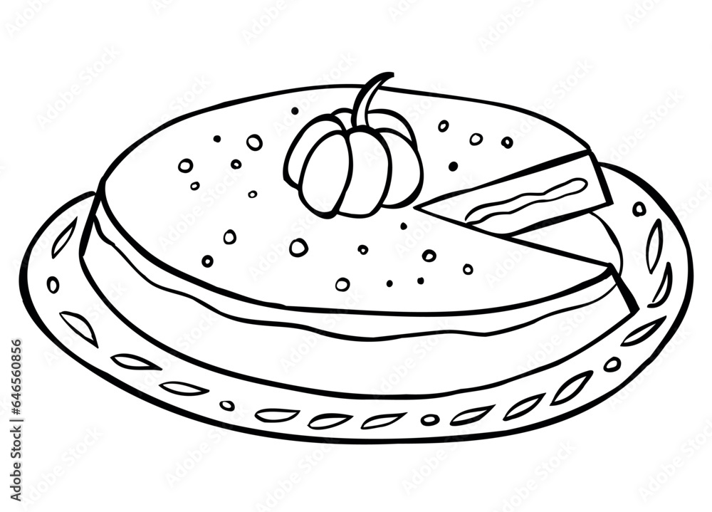 Outline drawing of pumpkin pie on white background. Autumn Thanksgiving food. Vector illustration. Perfect for autumn menu, coloring book, greeting card, print. Outline drawing of pumpkin pie on white background. Autumn Thanksgiving food. Vector illustration. Perfect for autumn menu, coloring book, greeting card, print.