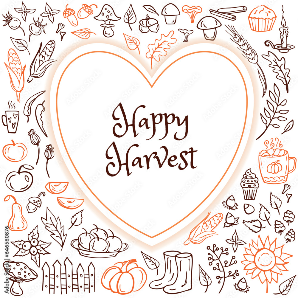 Happy Harvest card - pumpkin, leaves, nuts, spices, cake, hot drink, jam, mushrooms, apples, pear, berries. Vector illustration. Perfect for autumn menu, coloring book, greeting card, print.