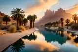 A desert oasis with palm trees and a shimmering pool of water,