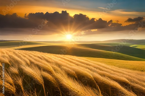 A field of golden wheat swaying in the breeze beneath a blue sky 