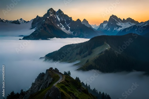 A majestic mountain range, its peaks shrouded in mist, © Rana
