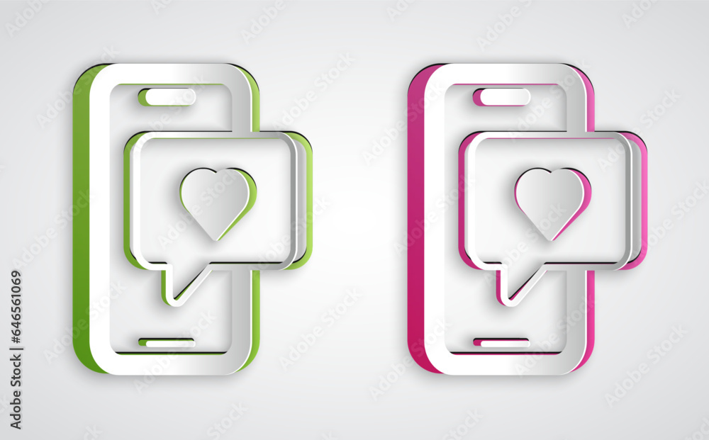 Paper cut Smartphone with heart emoji speech bubble get message on screen icon isolated on grey background. Valentines day. Paper art style. Vector Paper cut Smartphone with heart emoji speech bubble get message on screen icon isolated on grey background. Valentines day. Paper art style. Vector