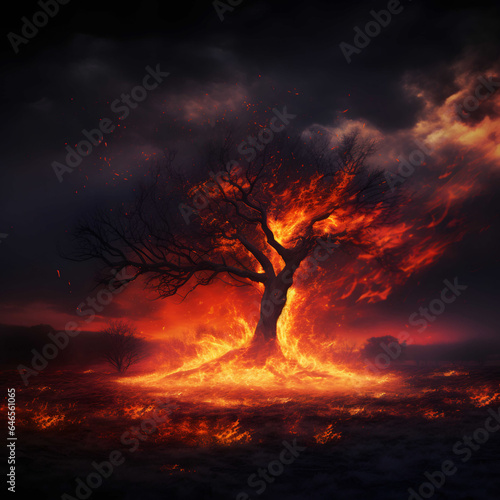 Burning tree at night