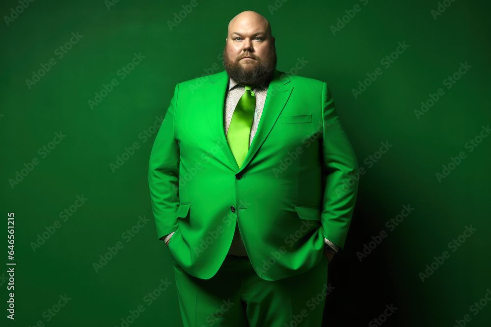 Fat chubby bald man with a beard in a green suit on green studio background, expensively dressed oligarch, tycoon, millionaire