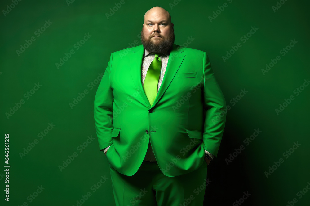 Fat chubby bald man with a beard in a green suit on green studio ...