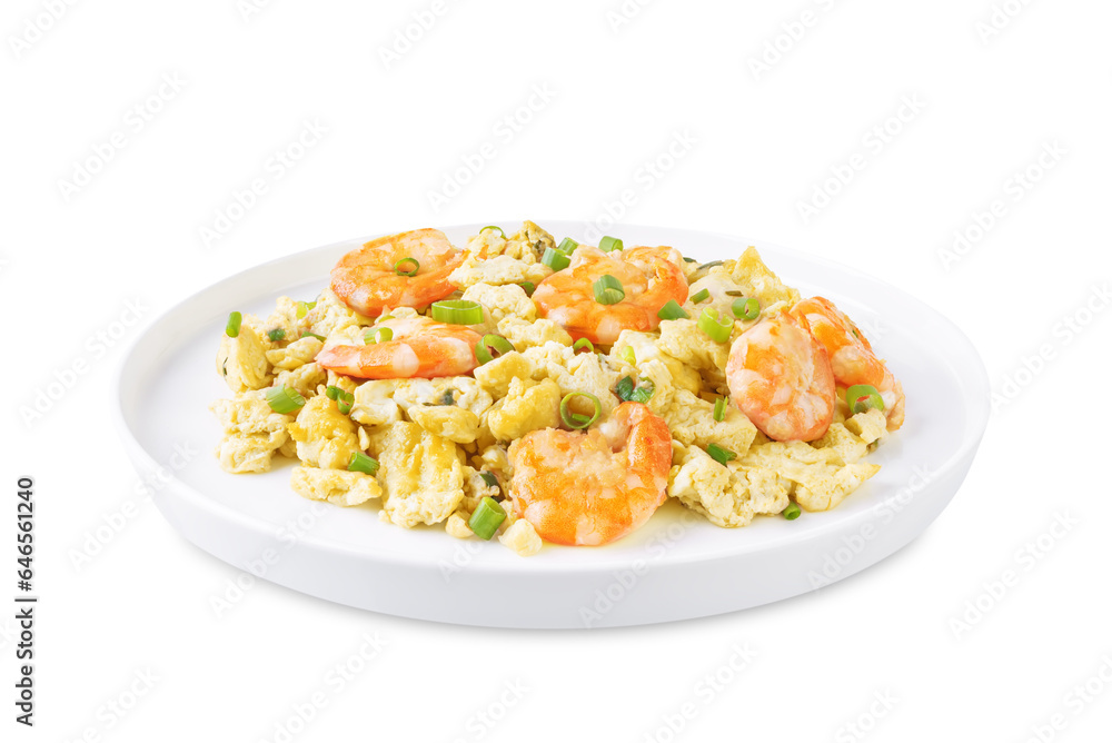 Shrimp scrambled eggs with scallion in a plate on a white isolated background Shrimp scrambled eggs with scallion in a plate on a white isolated background