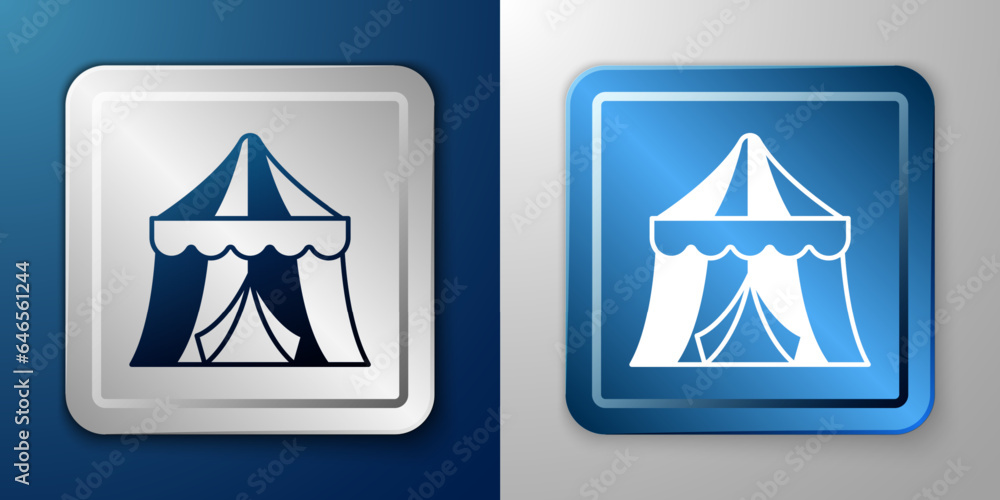 White Circus tent icon isolated on blue and grey background. Carnival camping tent. Amusement park. Silver and blue square button. Vector White Circus tent icon isolated on blue and grey background. Carnival camping tent. Amusement park. Silver and blue square button. Vector
