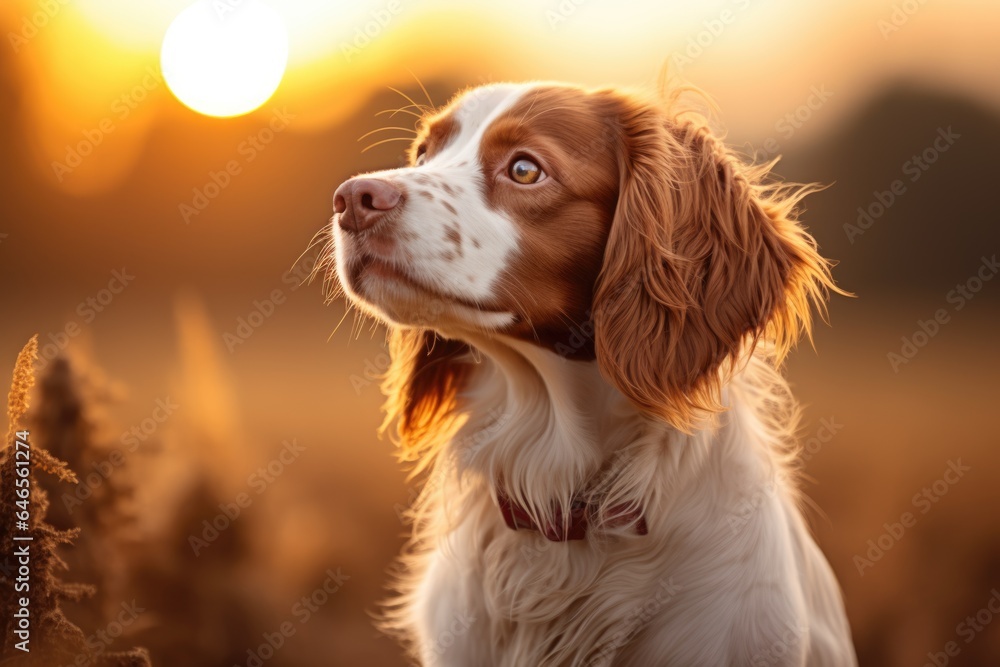 Closeup portrait of a purebred hunting dog breed wearing a brown leather collar outdoors in field in fall season. Banner with haunting springer spaniel dog