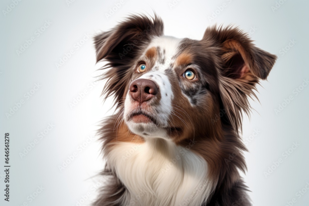 Cute adorable dog with blue eyes sitting on white background. Australian shepherd or border collie breed. Best friend. Pet care and animals concept. Design for banner, card, poster