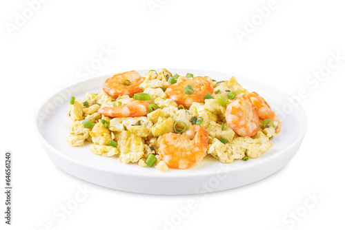 Shrimp scrambled eggs with scallion in a plate on a white isolated background