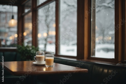 Lonely bar, table with coffees, winter atmosphere
