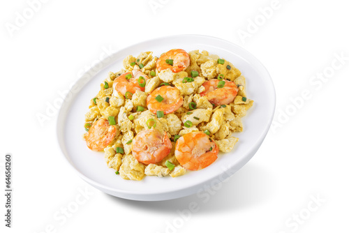 Shrimp scrambled eggs with scallion in a plate on a white isolated background