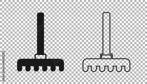 Black Garden rake icon isolated on transparent background. Tool for horticulture, agriculture, farming. Ground cultivator. Housekeeping equipment. Vector