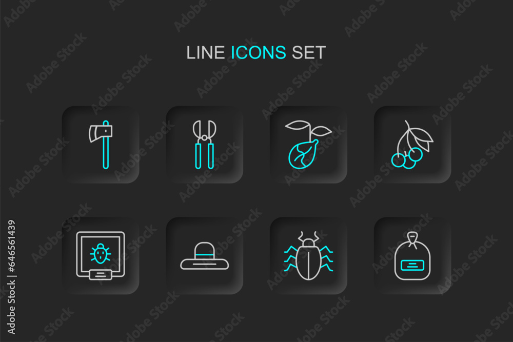 Set line Pack full of seeds, Colorado beetle, Farmer worker hat, Fresh berries, Sprout, Gardening scissors and Wooden axe icon. Vector Set line Pack full of seeds, Colorado beetle, Farmer worker hat, Fresh berries, Sprout, Gardening scissors and Wooden axe icon. Vector