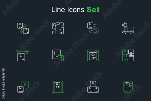 Set line Waybill, Carton cardboard box, Warehouse interior with boxes, Online app delivery tracking, Verification of list and Cardboard measurement icon. Vector