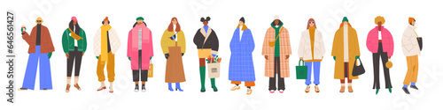Diverse group of modern women wearing trendy winter clothes. Casual stylish city street style fashion outfits. Hand drawn characters colorful vector illustration.