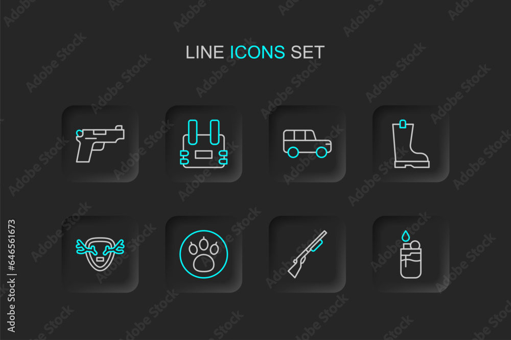 Set line Lighter, Hunting gun, Paw search, Deer antlers on shield, Waterproof rubber boot, Safari car, Bulletproof vest and Pistol or icon. Vector Set line Lighter, Hunting gun, Paw search, Deer antlers on shield, Waterproof rubber boot, Safari car, Bulletproof vest and Pistol or icon. Vector