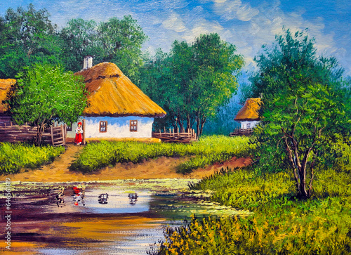 Oil paintings landscape. Old village, pond, spring. Fine art.